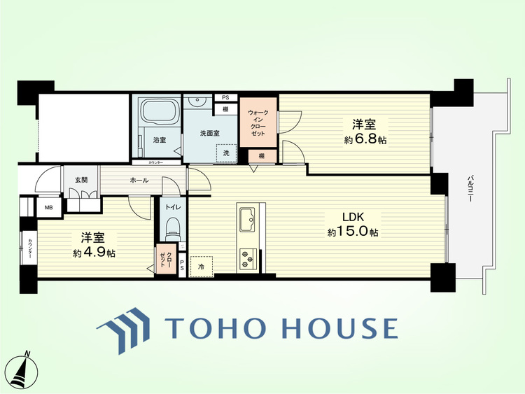 間取り 2LDK　専有面積62.08平米、バルコニー面積9.52平米