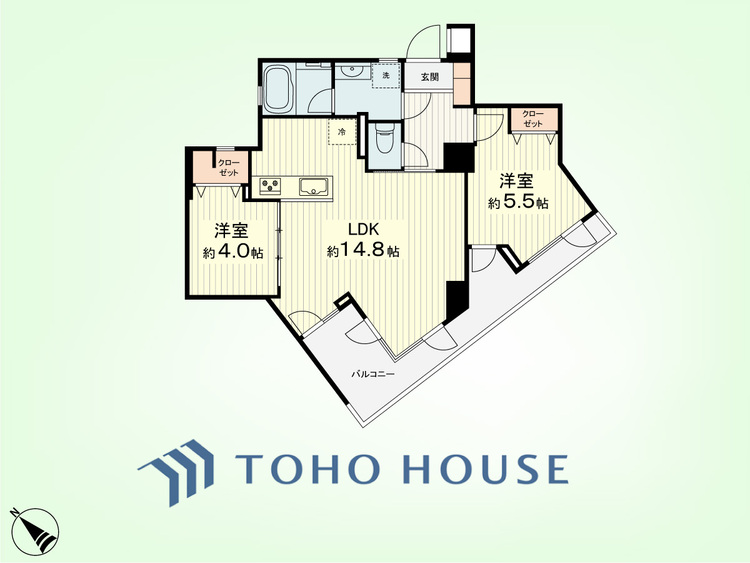 間取り 2LDK　専有面積54.96平米、バルコニー面積10.85平米