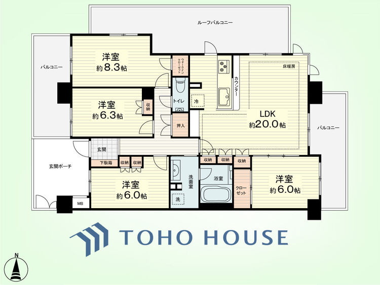 間取り 4LDK　専有面積102.36平米、バルコニー面積22.99平米