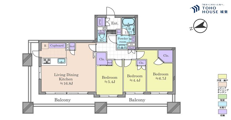 間取り ３ＬＤＫ、専有面積７６．１３平米、バルコニー面積２７．７４平米