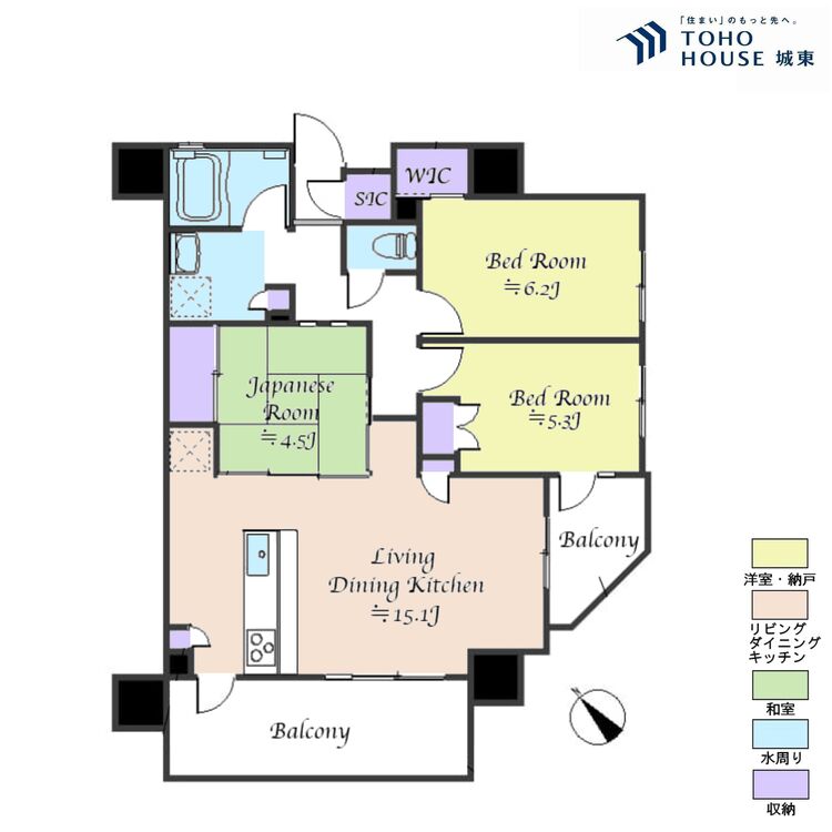 間取り ３ＬＤＫ、専有面積７０．４２平米、バルコニー面積１４．９４平米