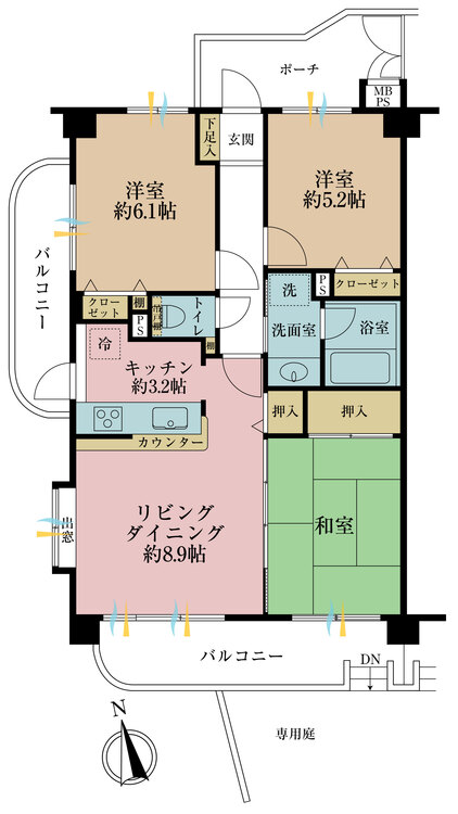 間取り ３ＬＤＫ、専有面積６６平米、バルコニー面積１３．３９平米