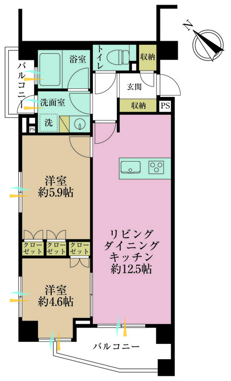 その他 2LDK、専有面積54.58m2、バルコニー面積1.95m2