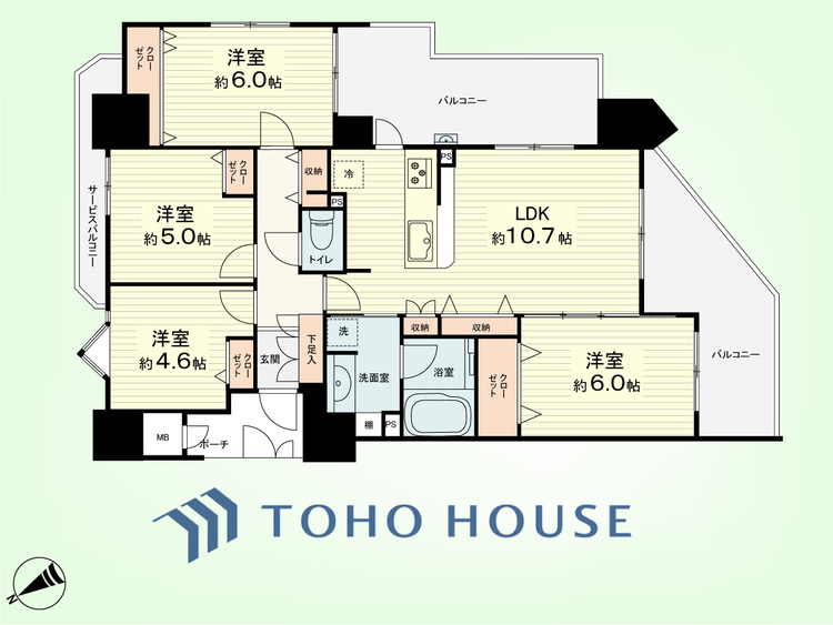 間取り 4LDK　専有面積79.94平米、バルコニー面積22.64平米