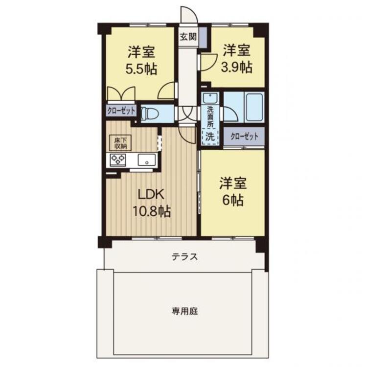 間取り 【間取り図】南東方向にテラス、専用庭があり陽当たり良好です！ダウンライト新設で明るいリビングです！