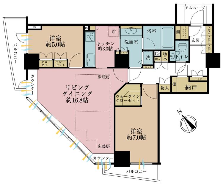 間取り ２ＳＬＤＫ、専有面積７７．５６平米、バルコニー面積８．３９平米