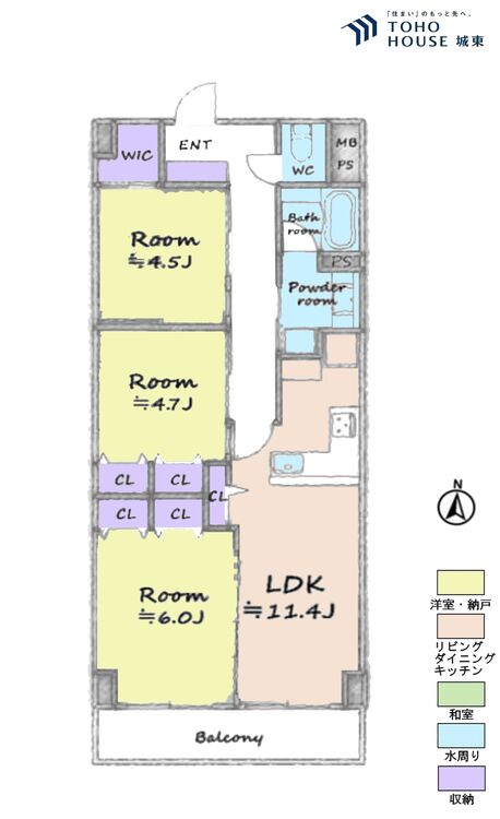 間取り ３ＬＤＫ、専有面積６６．４２平米、バルコニー面積６．９９平米