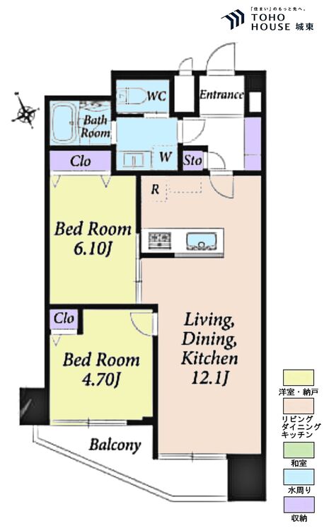 間取り ２ＬＤＫ、専有面積４９．１８平米、バルコニー面積５．２８平米