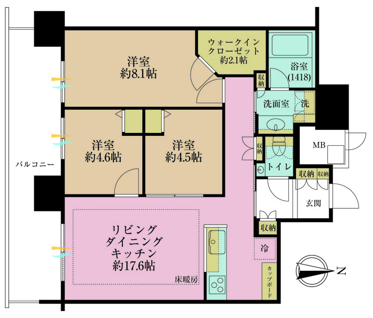 その他 3LDK、専有面積75.12m2、バルコニー面積16.96m2