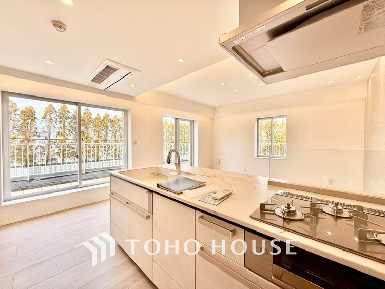 キッチン ◆キッチン◆美しく使いやすいキッチンは油汚れが簡単に拭き取れる素材で加工されており、浄水器シャワーから流す水の音を軽減する静かなシンクを採用。見えないところにさり気ない配慮が嬉しいですね