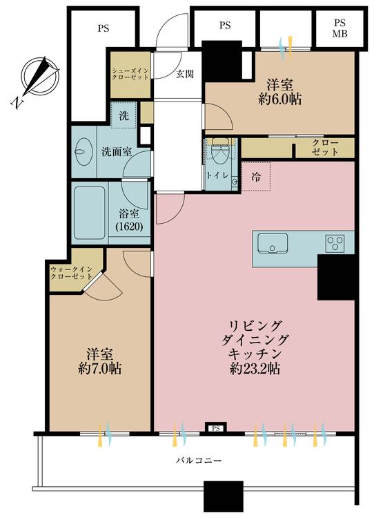 間取り 2LDK、専有面積80.48?、バルコニー面積12.1?
