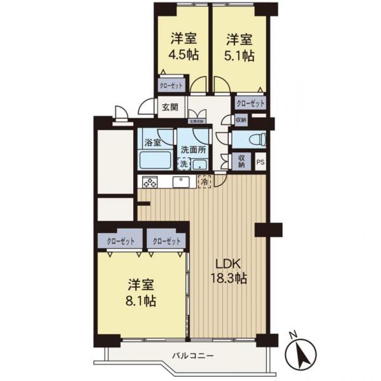 間取り 【間取り図】南向きの広々とした3LDKの間取りです。
