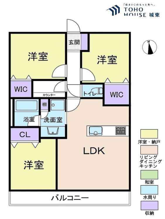 間取り ３ＬＤＫ、専有面積７４．７６平米、バルコニー面積９．１５平米