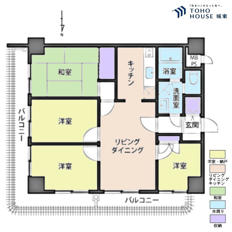 間取り ４ＬＤＫ、専有面積６７．９５平米、バルコニー面積１６．８５平米
