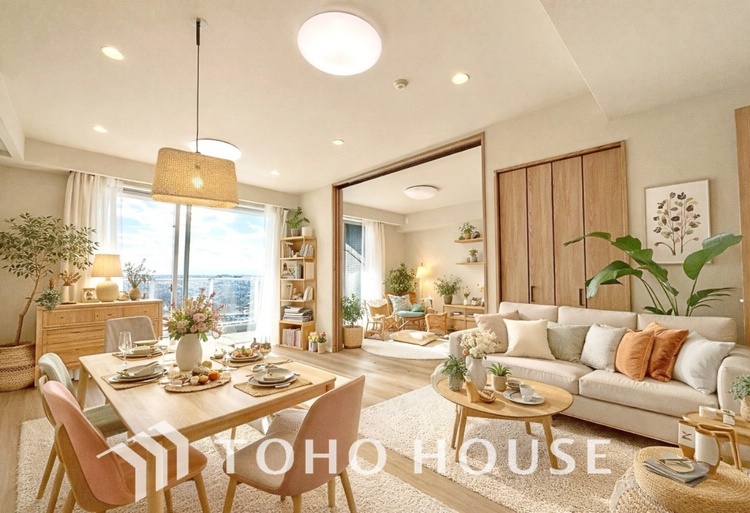 内装 ＊配置してある家具や小物はCGによるイメージ画像です。ゆったりとした幅の窓からこの空間に降り注ぐ採光が絶えない。明るいリビングこそ居心地のいい暮らしが待っているのだと思う。