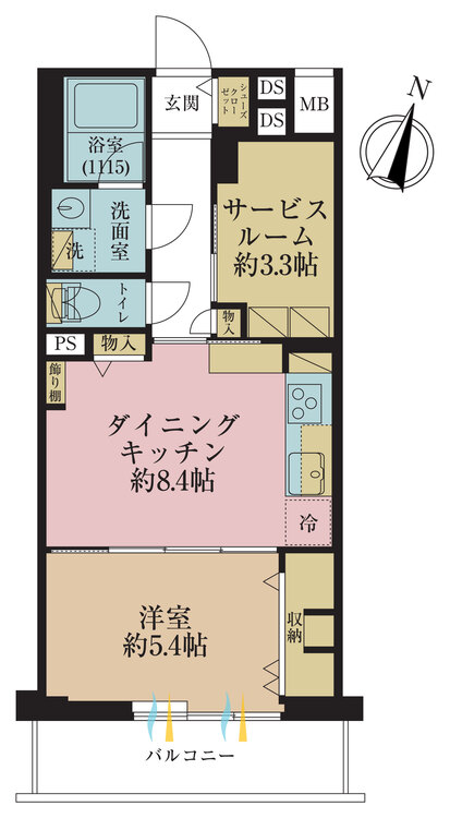 間取り 1SDK、専有面積43.91?、バルコニー面積5.46?