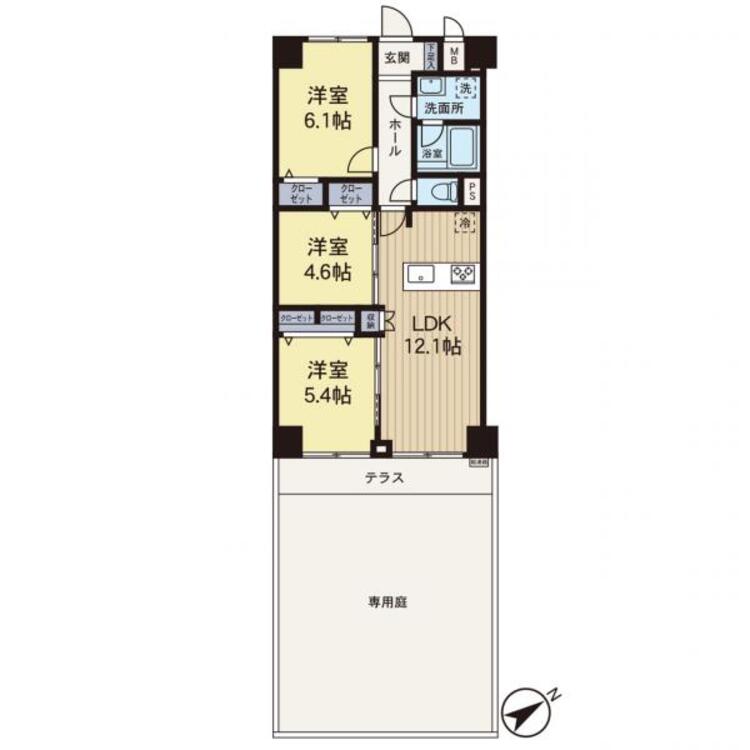 間取り 【間取り図】専用庭がある3LDKの間取りです。