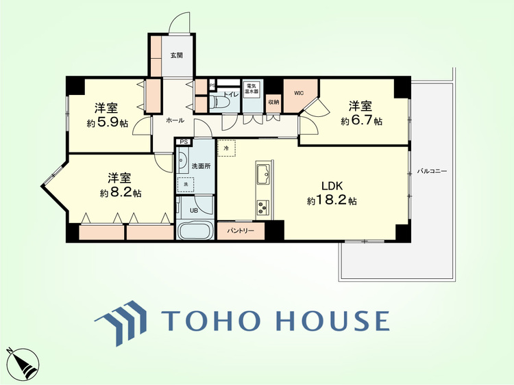 間取り 3LDK+パントリー　専有面積93.93平米、バルコニー面積17.61平米
