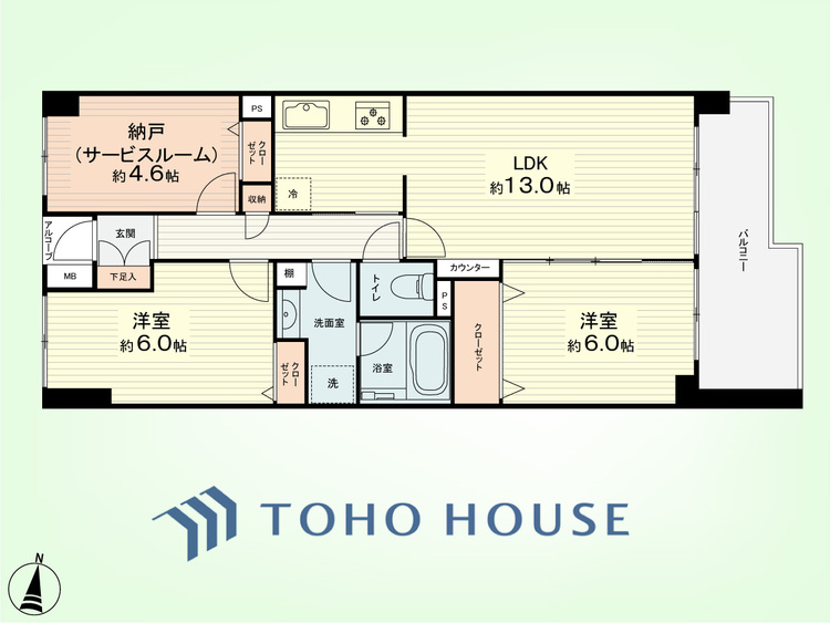 間取り 2SLDK　専有面積66.30平米、バルコニー面積8.40平米
