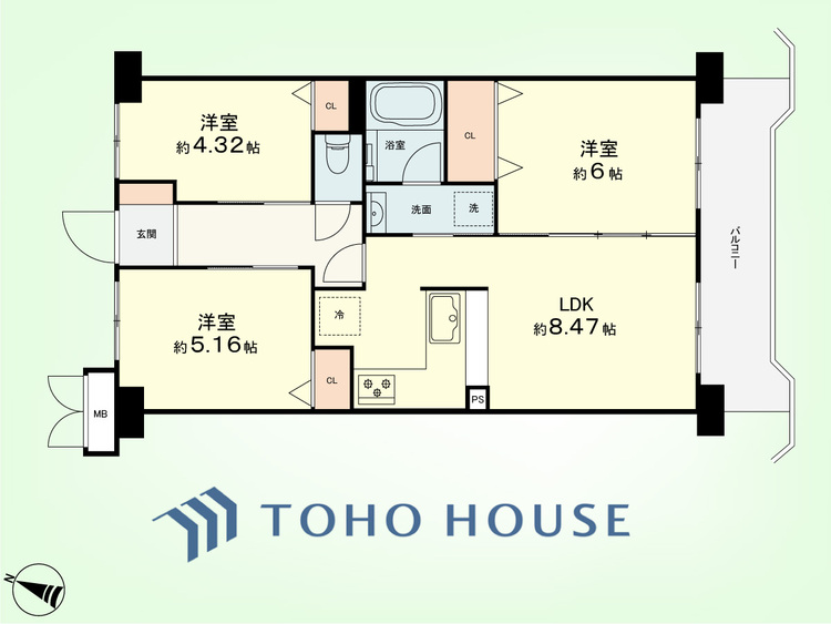 間取り 3LDK　専有面積57.78平米、バルコニー面積8.79平米
