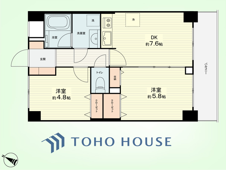 間取り 2DK　専有面積44.49平米、バルコニー面積6.26平米