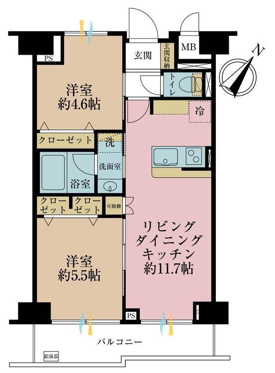 間取り 2LDK、専有面積49.22?、バルコニー面積6.57?