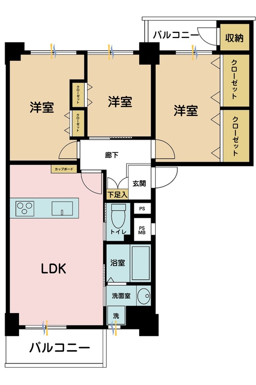 その他 3LDK、専有面積64.58?、バルコニー面積7.25? 