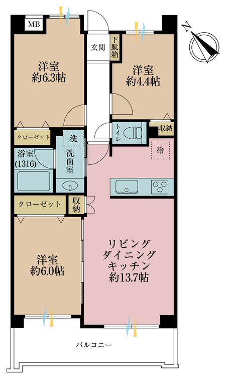 間取り 3LDK、専有面積64.52?、バルコニー面積9.75?