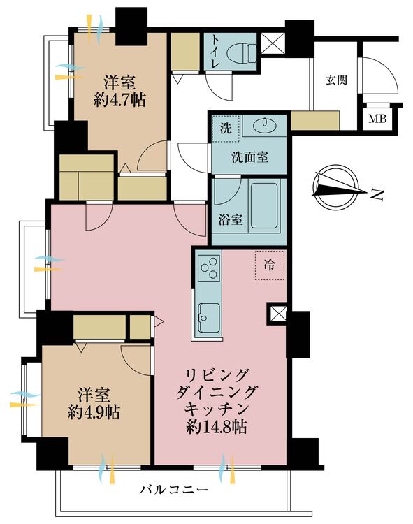 間取り 2LDK、専有面積61.78?、バルコニー面積5.88?