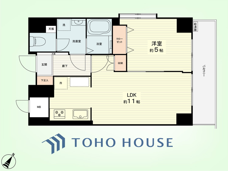 間取り 1LDK　専有面積43.26平米、バルコニー面積5.83平米