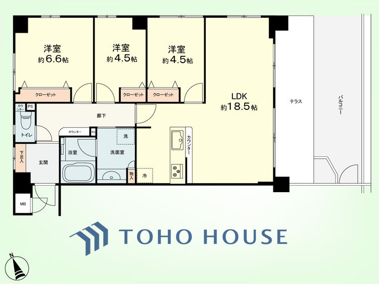 間取り 3LDK　専有面積77.84平米、バルコニー面積11.2平米、専用庭面積22.28平米