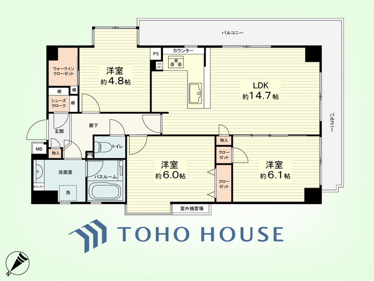 間取り 3LDK　専有面積73.68平米、バルコニー面積16.41平米