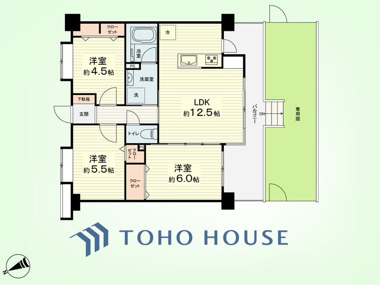 間取り 3LDK　専有面積62.15平米、バルコニー面積12.55平米、専用庭面積20.83平米