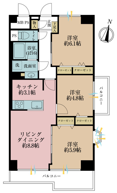 その他 3LDK、専有面積63.8m2、バルコニー面積9.19m2