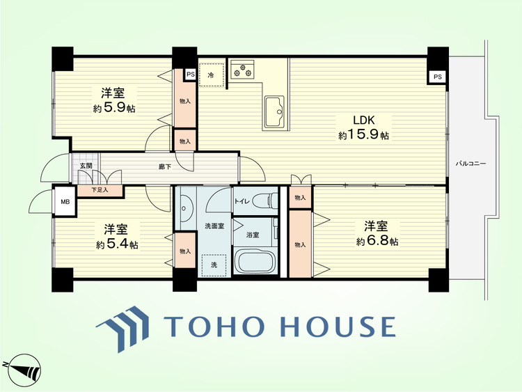 間取り 3LDK　専有面積68.40平米、バルコニー面積7.83平米