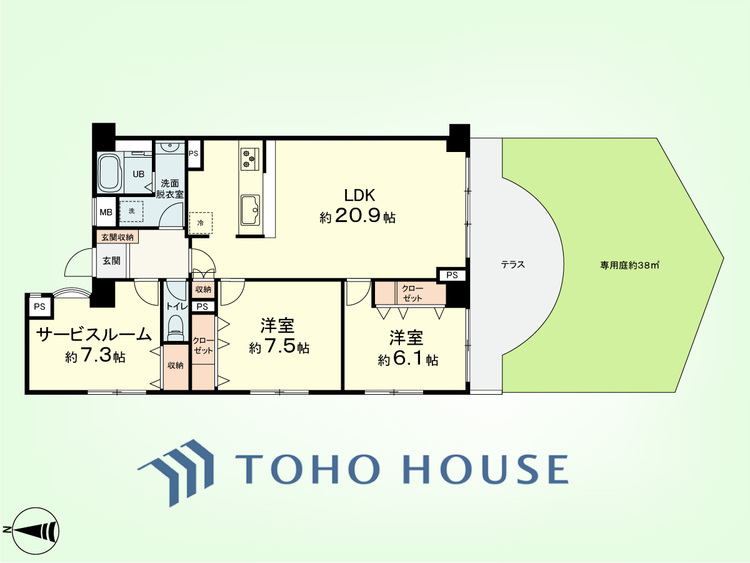 間取り 2SLDK　専有面積88.30平米、テラス面積15.72平米、専用庭面積15.72平米