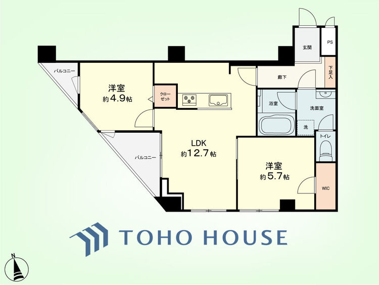 間取り 2LDK　専有面積53.94平米、バルコニー面積4.72平米