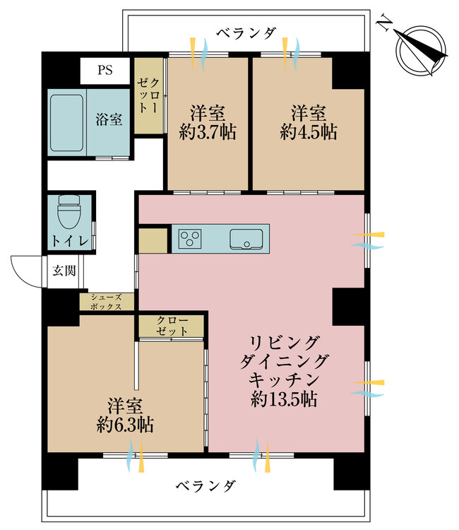 間取り 3LDK、専有面積59.17?、バルコニー面積13.68?