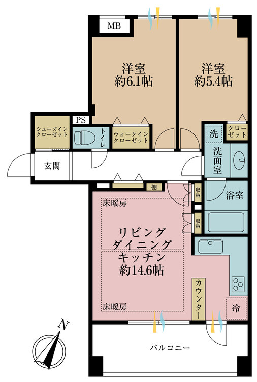 間取り 2LDK、専有面積63.04?、バルコニー面積10.44?