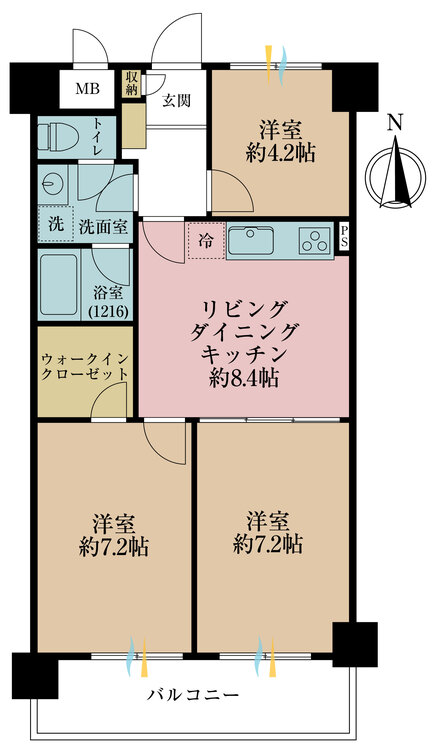 間取り 3LDK、専有面積59.85?、バルコニー面積7.69?