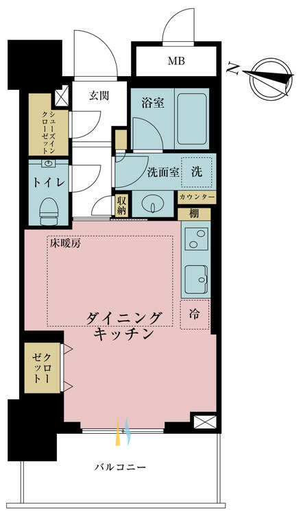 間取り 1DK、専有面積33.25m2、バルコニー面積6.76m2