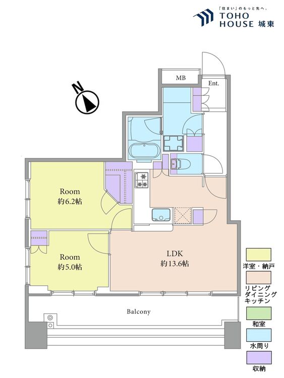 間取り ２ＬＤＫ、専有面積５６．３９平米、バルコニー面積１４．５３平米