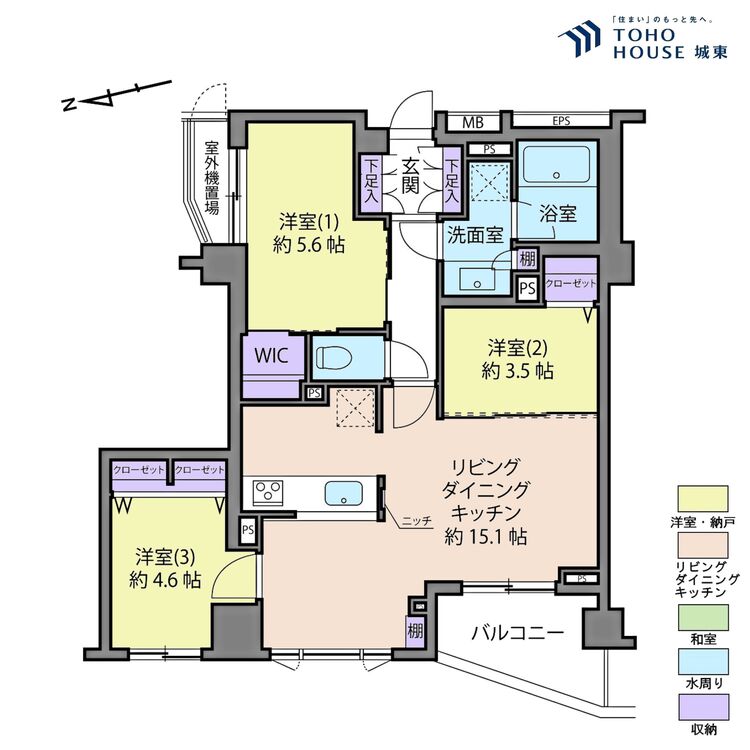 間取り ３ＬＤＫ、専有面積６７．６８平米、バルコニー面積５．６５平米