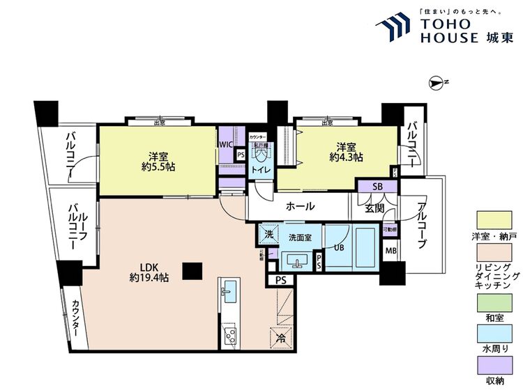 間取り ３ＬＤＫ、専有面積６４．９３平米、バルコニー面積３．３９平米