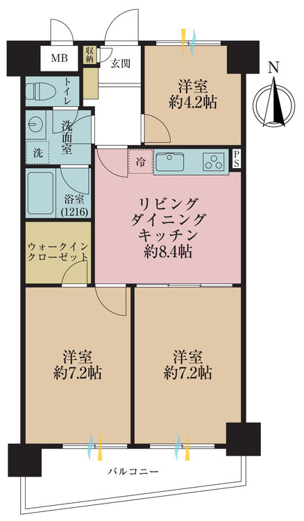間取り ３ＬＤＫ、専有面積５９．８５平米、バルコニー面積７．６９平米