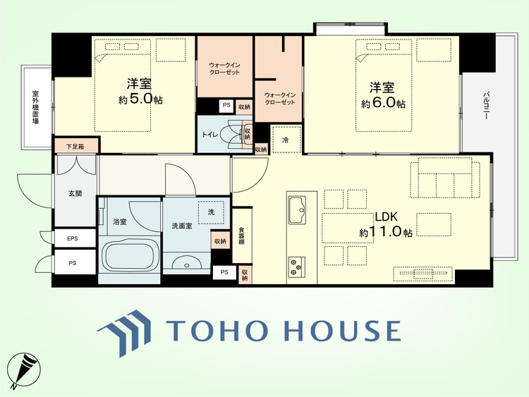 間取り 2LDK　専有面積54.54平米、バルコニー面積4.95平米