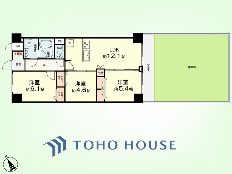 間取り 3LDK　専有面積62.72平米、テラス面積5.6平米、専用庭面積38.03平米