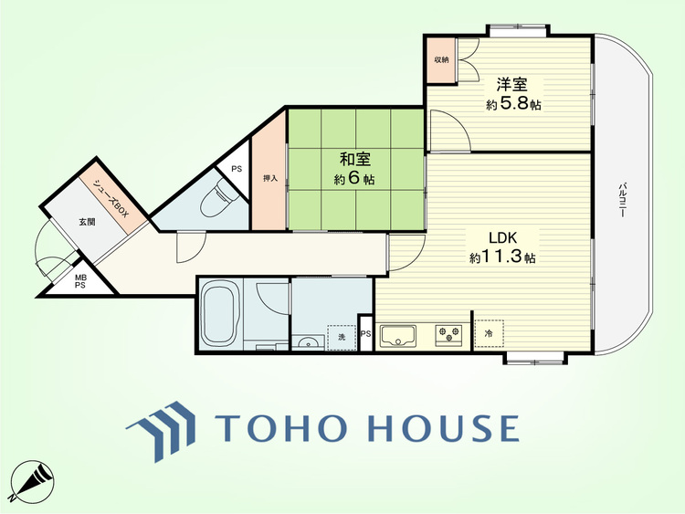 間取り 2LDK　専有面積58.94平米、バルコニー面積9.97平米