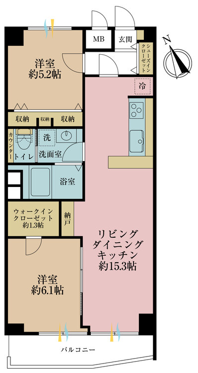 間取り 2LDK、専有面積60.5m2、バルコニー面積6.32m2