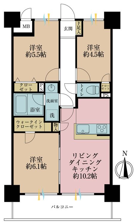 その他 3LDK、専有面積58.87m2、バルコニー面積8.7m2